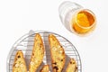 Traditional Italian almond cantuccini cookies and sweet wine Vin Santo. Royalty Free Stock Photo