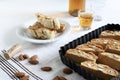 Traditional Italian almond cookies and sweet wine. Royalty Free Stock Photo