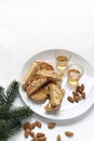Traditional Italian almond cookies and sweet wine. Royalty Free Stock Photo