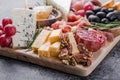 Traditional italian antipasto plate. Assorted cheeses on wooden cutting board. Brie cheese, cheddar slices, gogonzola, walnuts Royalty Free Stock Photo