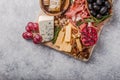 Traditional italian antipasto plate. Assorted cheeses on wooden cutting board. Brie cheese, cheddar slices, gogonzola, walnuts Royalty Free Stock Photo