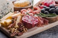 Traditional italian antipasto plate. Assorted cheeses on wooden cutting board. Brie cheese, cheddar slices, gogonzola, walnuts Royalty Free Stock Photo