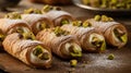 Traditional Italian bakery with rows of cannoli shells, and ricotta and garnished with chopped pistachios