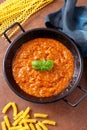 Traditional Italian Bolognese sauce in metal pan Royalty Free Stock Photo