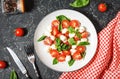 Traditional Italian Caprese Salad - sliced tomatoes, mozzarella cheese and basil on dark stone background Royalty Free Stock Photo