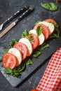 Traditional Italian Caprese Salad - sliced tomatoes, mozzarella cheese and basil on stone background Royalty Free Stock Photo