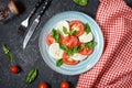 Traditional Italian Caprese Salad - sliced tomatoes, mozzarella cheese and basil on stone background, top view.