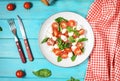 Traditional Italian Caprese Salad - sliced tomatoes, mozzarella cheese and basil on wooden background, top view Royalty Free Stock Photo