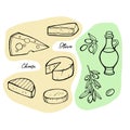 Traditional Italian cheese and olive oil, vintage engraving illustration hand draw isolated on white background.