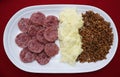 Traditional Italian Christmas dish, Cotechino with mashed potatoes and lentils Royalty Free Stock Photo