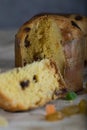 Traditional Italian Christmas sweet cake on a countryside table.