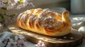 Traditional Italian Colomba Pasquale on a rustic wooden board with spring blossoms