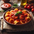 traditional italian conchiglie with tomato sauce