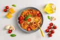 Traditional Italian cuisine. Plate with spaghetti, tomato sauce, cherry tomatoes, mushrooms and basil on a light gray Royalty Free Stock Photo