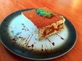 Traditional Italian dessert called tiramisu, with cacao powder and mint leaf on top. Close up shot from top side