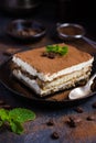 Traditional italian dessert tiramisu on blake plate Royalty Free Stock Photo