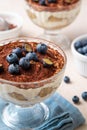 Traditional Italian dessert tiramisu with blueberries in glass. Individual homemade layered cake with berries in cup. Royalty Free Stock Photo