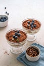 Traditional Italian dessert tiramisu with blueberries in glass. Individual homemade layered cake with berries in cup. Royalty Free Stock Photo