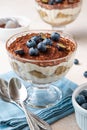 Traditional Italian dessert tiramisu with blueberries in glass. Individual trifle. Homemade layered cake with berries in cup.