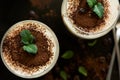 Traditional Italian dessert tiramisu decorated cocoa, coffee beans and mint leaves Royalty Free Stock Photo