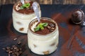 Traditional Italian dessert tiramisu decorated with cocoa powder and green mint in glass jar Royalty Free Stock Photo