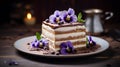 Traditional italian dessert tiramisu decorated with edible flowers