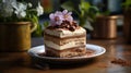 Traditional italian dessert tiramisu decorated with edible flowers