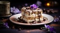 Traditional italian dessert tiramisu decorated with edible flowers