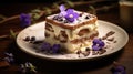 Traditional italian dessert tiramisu decorated with edible flowers