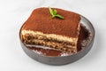 Traditional italian dessert tiramisu on plate. Homemade tiramisu cake portion with fresh mint on white table Royalty Free Stock Photo