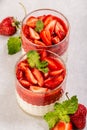 Traditional italian dessert vanilla strawberry panna cotta. vertical image. top view. place for text Royalty Free Stock Photo