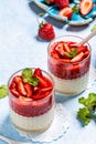 Traditional italian dessert vanilla strawberry panna cotta. vertical image. top view. place for text Royalty Free Stock Photo
