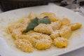 A traditional Italian dish: Pumpkin Gnocchi with Parmesan cheese and a decorative sage leaf