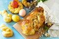 Traditional Italian Easter bread rings. Easter sweet bread with colored eggs Royalty Free Stock Photo