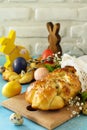 Traditional Italian Easter bread rings. Easter sweet bread with colored eggs Royalty Free Stock Photo