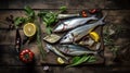 Traditional italian fish food on rustic wooden table, flat lay, top view, AI generative