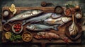 Traditional italian fish food on rustic wooden table, flat lay, top view, AI generative