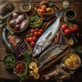 Traditional italian fish food on rustic wooden table, flat lay, top view, AI generative