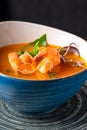 Traditional italian fish soup with shrimp, mussels and salmon. Tom yam kung with seafood