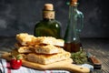 Traditional Italian focaccia bread with salt and olive oil. Homemade flat bread focaccia Royalty Free Stock Photo