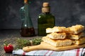 Traditional Italian focaccia bread with salt and olive oil. Homemade flat bread focaccia Royalty Free Stock Photo