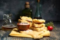 Traditional Italian focaccia bread with salt and olive oil. Homemade flat bread focaccia Royalty Free Stock Photo