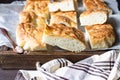 Traditional Italian focaccia bread with salt and olive oil. Homemade flat bread focaccia. Royalty Free Stock Photo