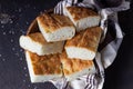 Traditional Italian focaccia bread with salt and olive oil. Homemade flat bread focaccia. Royalty Free Stock Photo