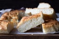 Traditional Italian focaccia bread with salt and olive oil. Homemade flat bread focaccia. Royalty Free Stock Photo