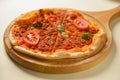 Traditional italian food. Delicious fresh pizza with bolognese sauce, tomatoes, pepper on wooden board, flat lay. Royalty Free Stock Photo