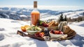 Traditional Italian food and drink outdoor in sunny winter day. Romantic alpine picnic in Dolomites with mountains Royalty Free Stock Photo