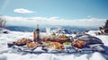 Traditional Italian food and drink outdoor in sunny winter day. Romantic alpine picnic in Dolomites with mountains Royalty Free Stock Photo