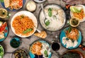 Traditional Italian food table, snacks and red and white wine Royalty Free Stock Photo