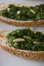 Traditional Italian Fresh sandwich with pesto genovese, selective soft focus